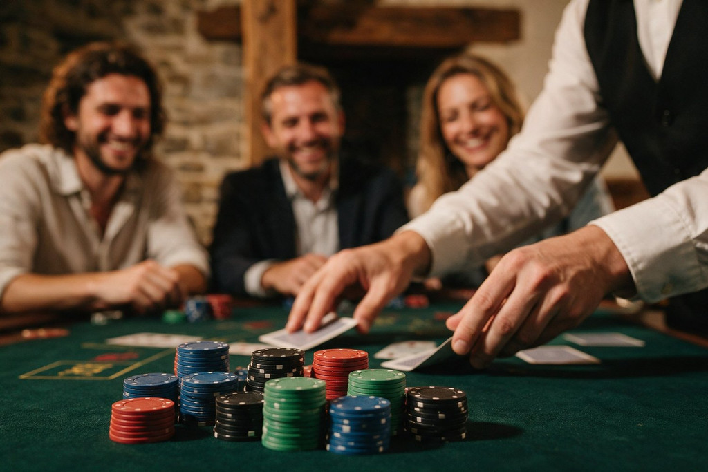 Un croupier distribue les cartes devant des piles de jetons, trois collègues souriants en arrière-plan