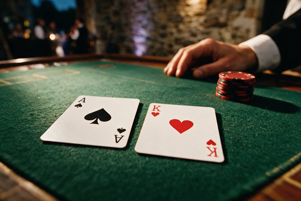 Un as de pique et un roi de cœur posés sur le tapis vert, un blackjack naturel, à côté de jetons rouges