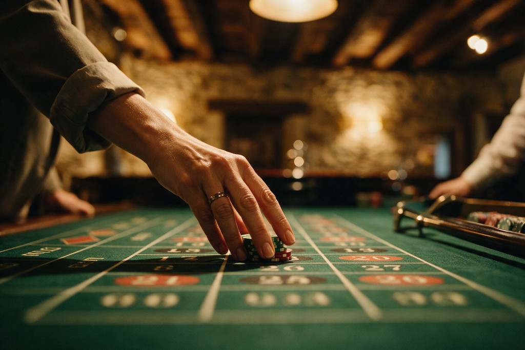 Une main avance une pile de jetons verts et rouges sur le tapis d'une table de roulette