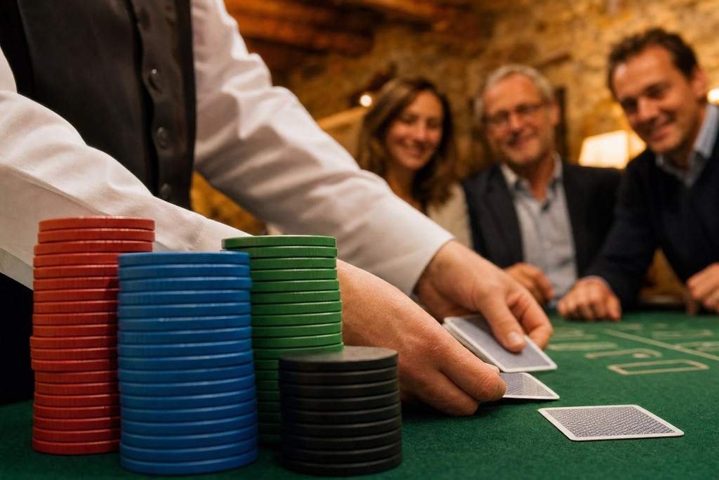 Piles de jetons de casino rouges, bleus, verts et noirs sur le tapis vert d'une table de jeu